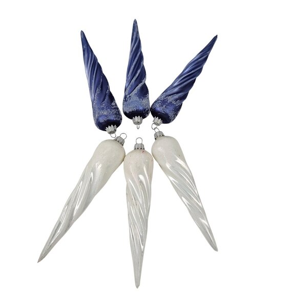 Christmas by Krebs Elegant Glass Icicle Ornaments White Blue Set of 6 Holiday - Picture 6 of 11